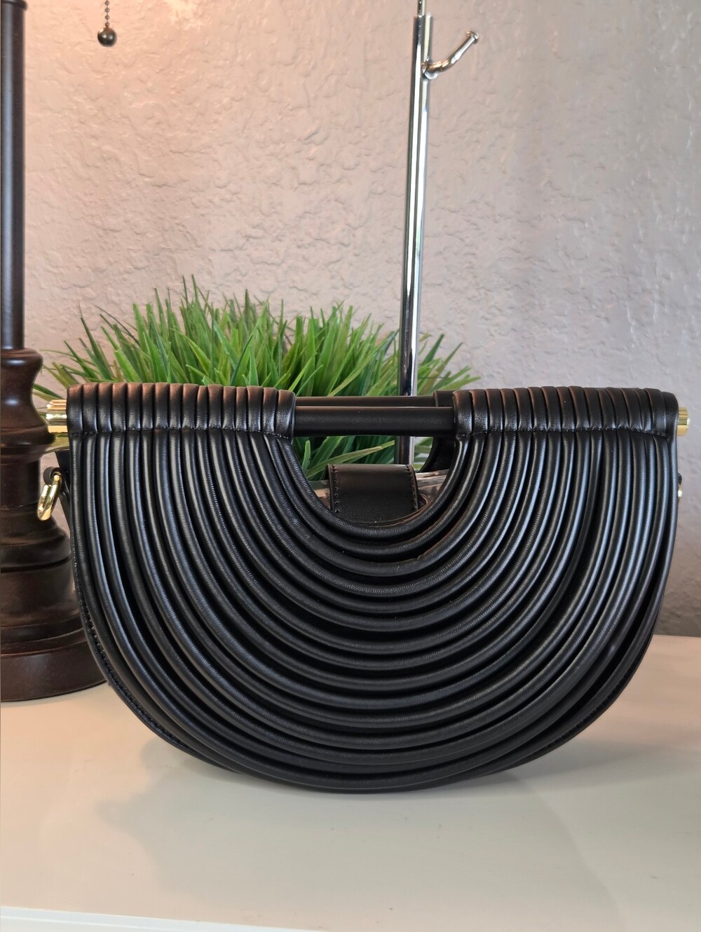 Architectural Ribbed Half Moon Bag Black Faux Leather Convertible Clutch